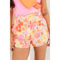 Orange Boho Floral Shirred High Waist Casual Shorts