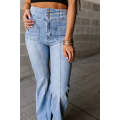 Light Blue Fly Button Exposed Seam Patched Pocket Flare Jeans