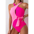 Pink Two Tone Colorblock Crossed Neck Hollowed Monokini