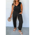 Black Plus Smocked High Waist Sleeveless V Neck Jumpsuit