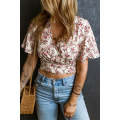 Pink Floral Print V Neck Wrapped Cropped Blouse