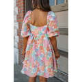 Multicolour Floral Puff Sleeve Square Neck Plus Babydoll Dress