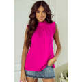 Bright Pink Pleated Mock Neck Frilled Trim Sleeveless Top