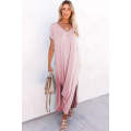 Pink V Neck Hidden Pocket Splits Maxi T-shirt Dress