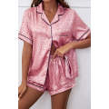 Pink Leopard Contrast Trim Satin 2pcs Short Pajama Set