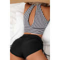 Black Striped Halter Top Drawstring Ruched High Waisted Bikini