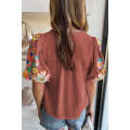Mineral Red Floral Embroidered Puff Sleeve Split Neck Blouse