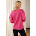 Rose Waffle Knit Balloon Sleeve Splicing V Neck Top