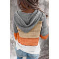 Gray Zipped Front Colorblock Hollow-out Knit Hoodie