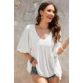 White Lace V-Neck Bracelet Sleeve Ruffle Blouse