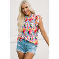 Multicolor Abstract Print High Neck Flutter Sleeves Top