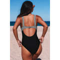 Black Striped Patchwork Open Back Sleeveless V Neck Swimsuit