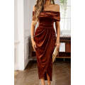 Chestnut Velvet Off Shoulder Pleated Wrap Evening Dress