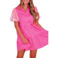 Bonbon Sequined Bubble Sleeve Tiered Ruffled Shirt Dress