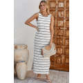 White Stripe Print Open Back Sleeveless Maxi Dress with Slits