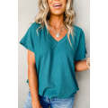 Blue Sapphire Crinkled V Neck Wide Sleeve T-shirt