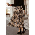Apricot Floral Leaves Embroidered High Waist Maxi Skirt