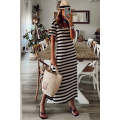 Black Stripe Print V Neck Maxi Dress with Side Splits