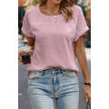 Light Pink Solid Pleated Patched Crew Neck T Shirt
