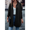 Black Horizontal Rib Knitted Open Front Hooded Cardigan