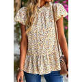 Beige Floral Frilled Collar Ruffled Short Sleeve Blouse