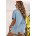 Sky Blue Split V Neck Oversized Denim Blouse