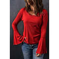 Red V Neck Knit Bell Sleeve Top