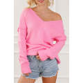 Pink Exposed Seam V Neck Slouchy Sweater