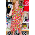 Multicolor Floral Print Frill Mock Neck Bubble Sleeve Dress