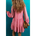 Pink Swiss Dotted Split Neck Tiered Ruffled Short Dress
