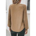 Light French Beige Contrast Lace Raglan Sleeve Plicate Round Neck Top