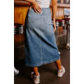 Sky Blue 4 Patch Pockets Front Slit Midi Denim Skirt