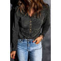 Black V Neck Buttons Ruched Long Sleeve Top