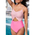 Pink Color Block Cut Out Knotted Backless One Piece Swimsuit