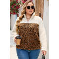 Leopard Plus Size Leopard Colorblock Zipped Sherpa Pullover