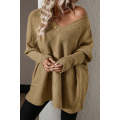 Camel Checkered Textured Batwing Sleeve Sweater
