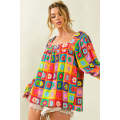 Multicolor Floral Crochet Square Neck Puff Sleeve Blouse