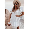 White Lace Trim Short Sleeve Ruffled Mini Dress