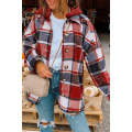 Red Hooded Plaid Button Front Shacket