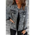 Gray Distressed Buttons Washed Denim Jacket
