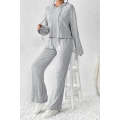 Gray Ribbed Knit Slouchy Hoodie Wide Leg Pants Set