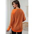Orange Waffle Knit Patchwork V Neck Long Sleeve Top