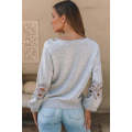 Gray Hollowed Lace Splicing V Neck Loose Sweater