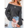Gray Ribbed Knit Off-Shoulder Balloon Sleeve Top