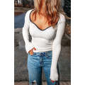 White Contrast Stitching Neckline Ribbed Sweater