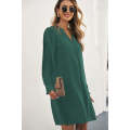 Green Split V Neck Ruffled Sleeves Shirt Dress