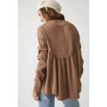 Brown Solid Color Ribbed Long Sleeve Peplum Blouse