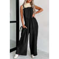 Black Textured Buttoned Straps Ruched Wide Leg Jumpsuit