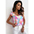 Multicolor Pastel Geometric Print V-Neck Pleated Cap Sleeve Top