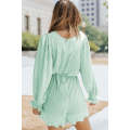 Green Pleated Ruffled Tie Waist Buttons V Neck Romper